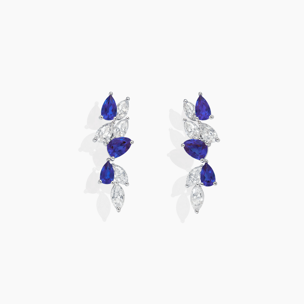 Pendientes largos de plata de ley 925 con circonitas blancas y azules