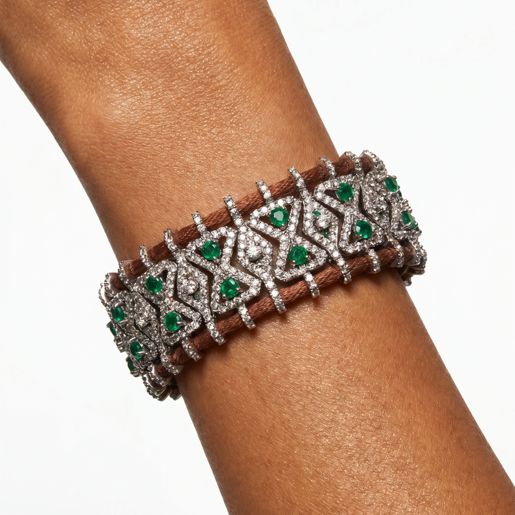 Modelo luciendo pulsera boho marrón con circonitas