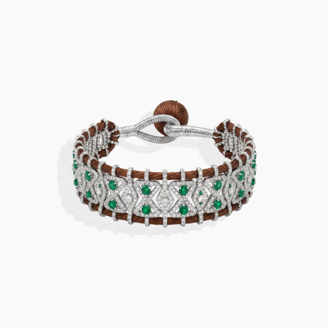 Pulsera boho marrón con circonitas blancas y verdes