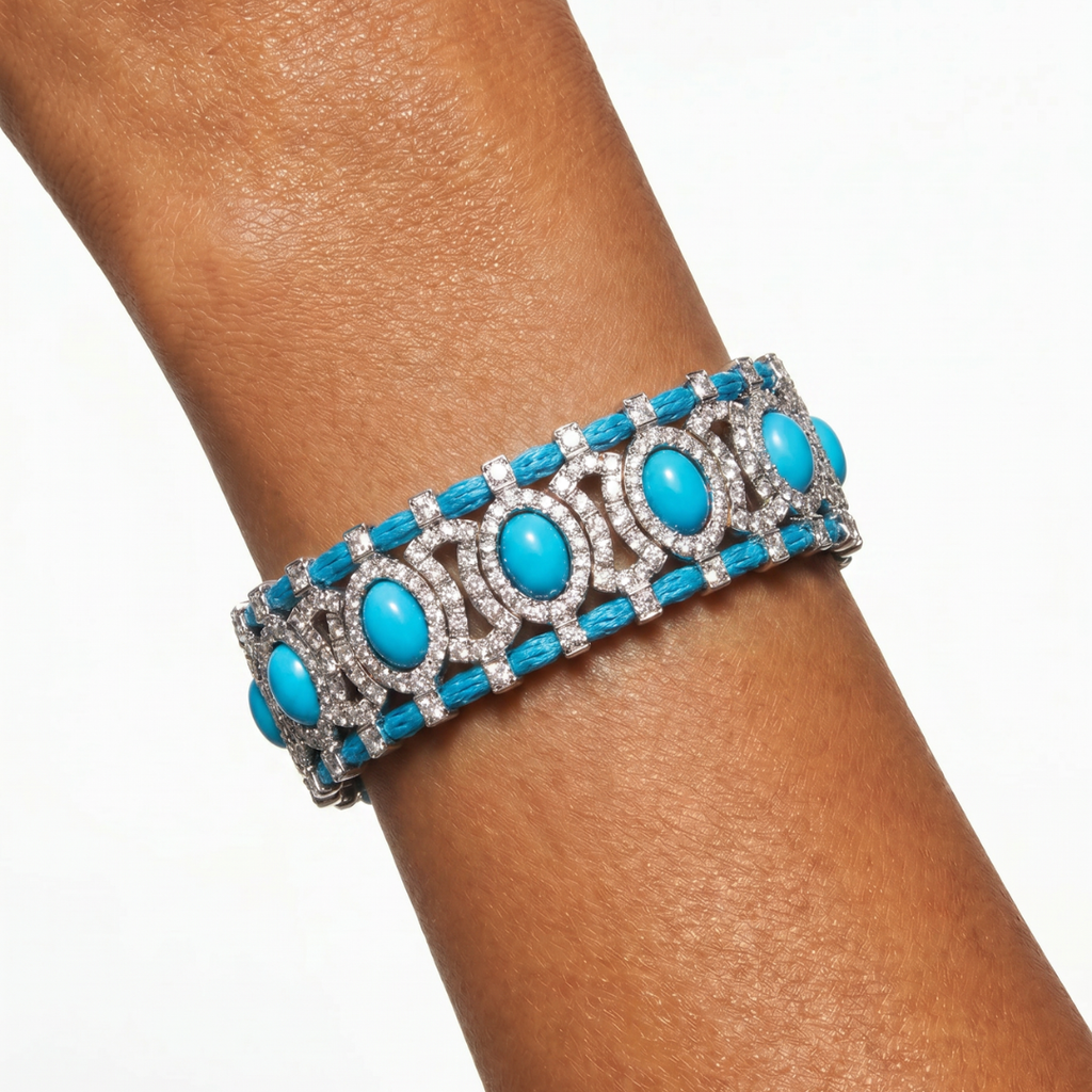 Modelo luciendo pulsera boho turquesa con circonitas engastadas