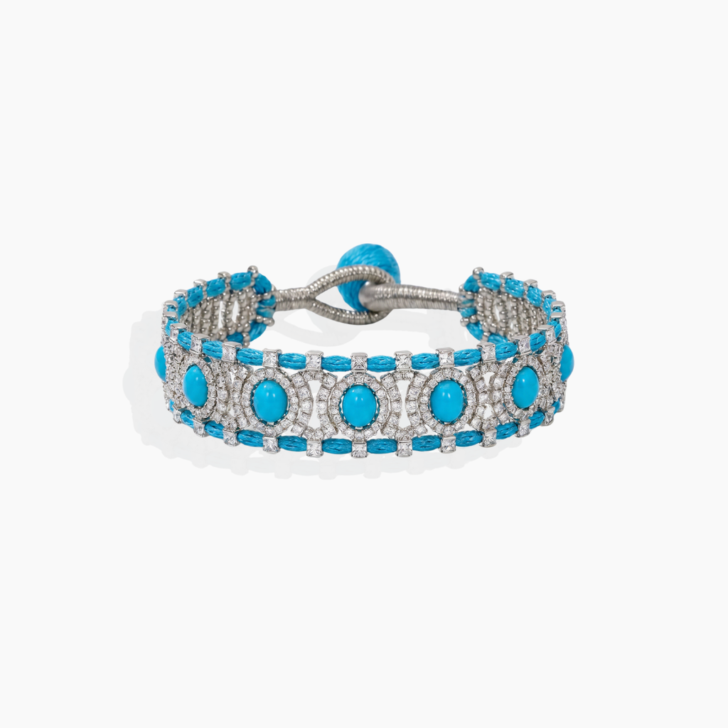 Pulsera boho turquesa con circonitas engastadas y tejido artesanal