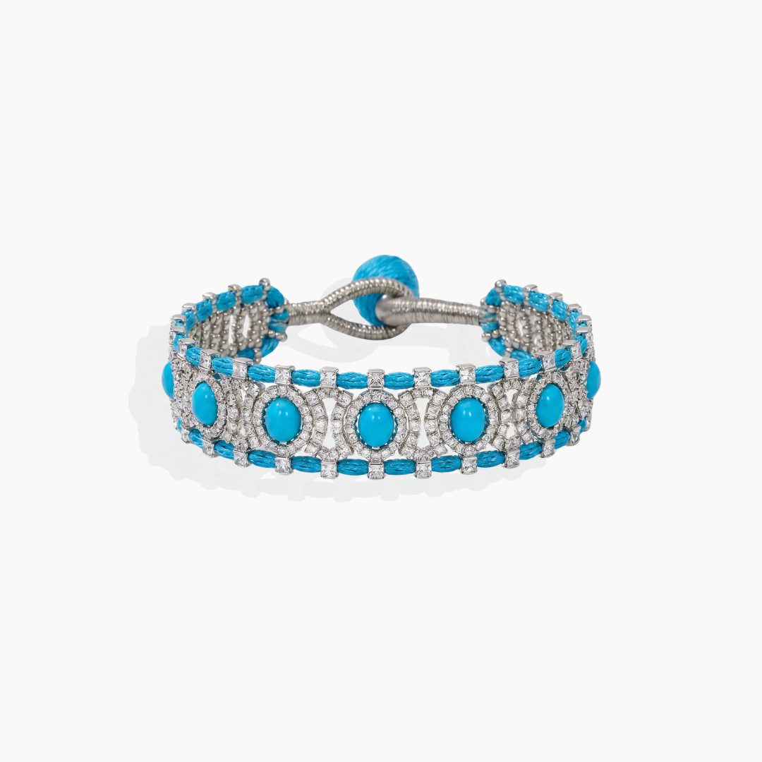 Pulsera boho turquesa con circonitas engastadas y tejido artesanal